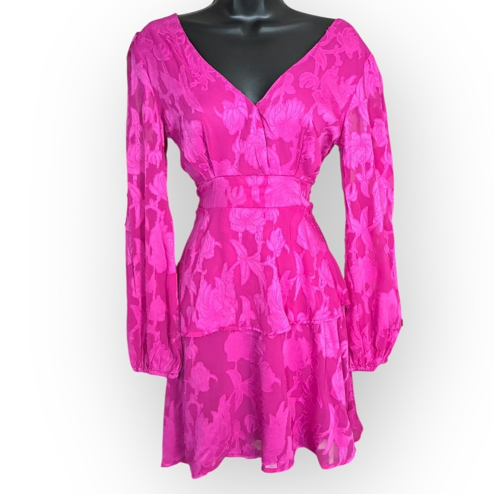 Band of the Free Pink Floral Mini‎ Dress V Neck Long Sleeve Tiered Boho NWT S